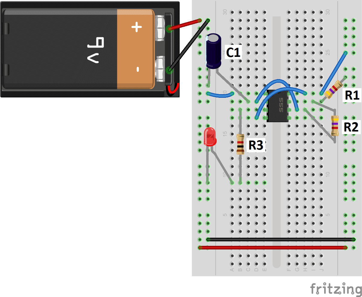 555 Timer Astable Mode breadboard diagram