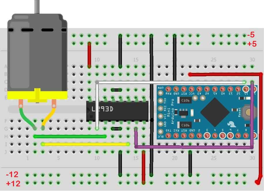 How to Control DC Motor Speed and Direction Using L293D and Arduino - L293D with Arduino Pro Mini