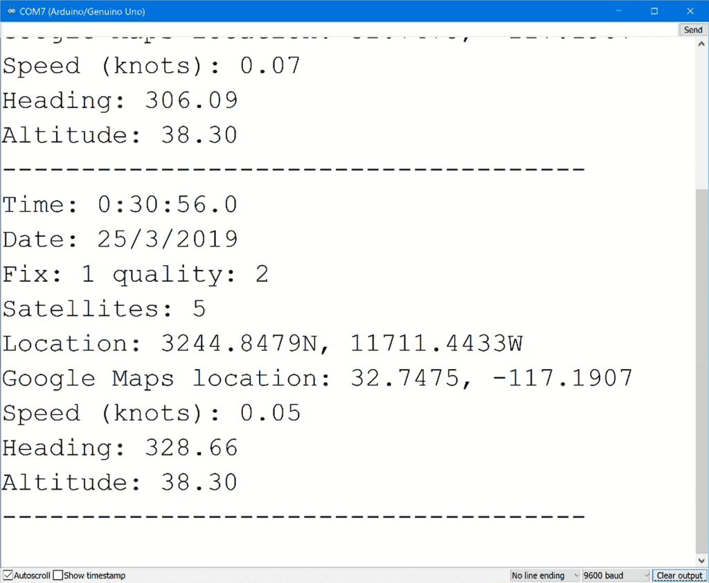 Arduino GPS Sensor Parsed NMEA Sentences Output on Serial Monitor.png