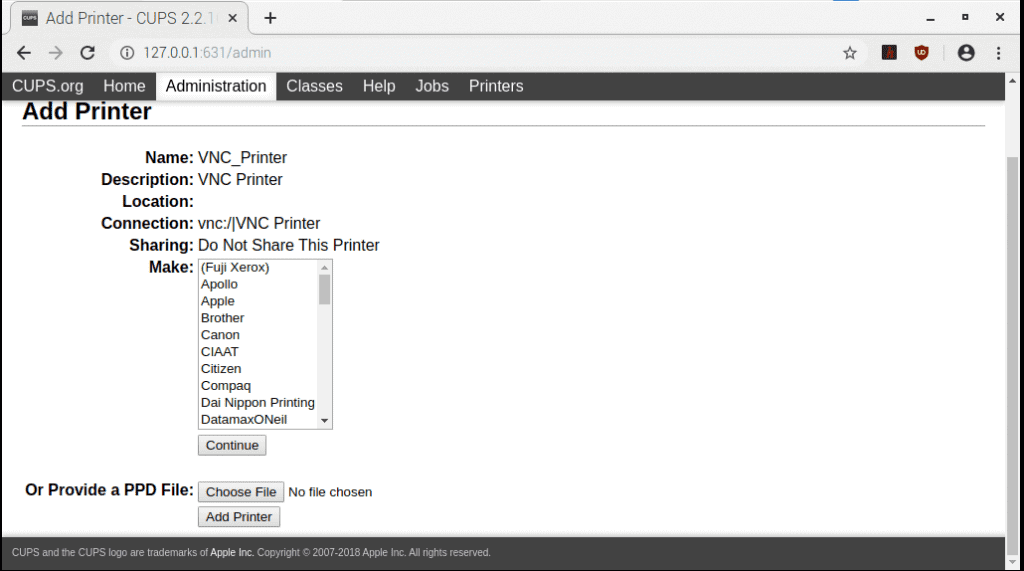 CUPS Select make/model of printer