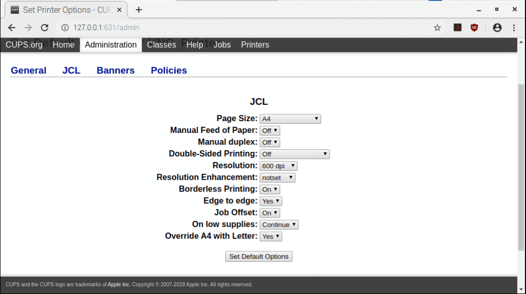 CUPS Printer Default Options