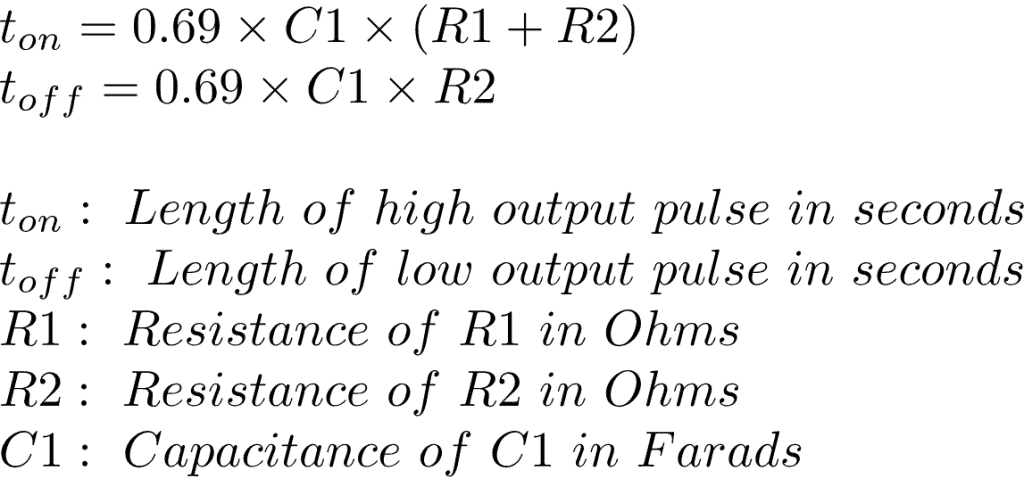 Formula to calculate high and low pulse times in 555 timer astable mode