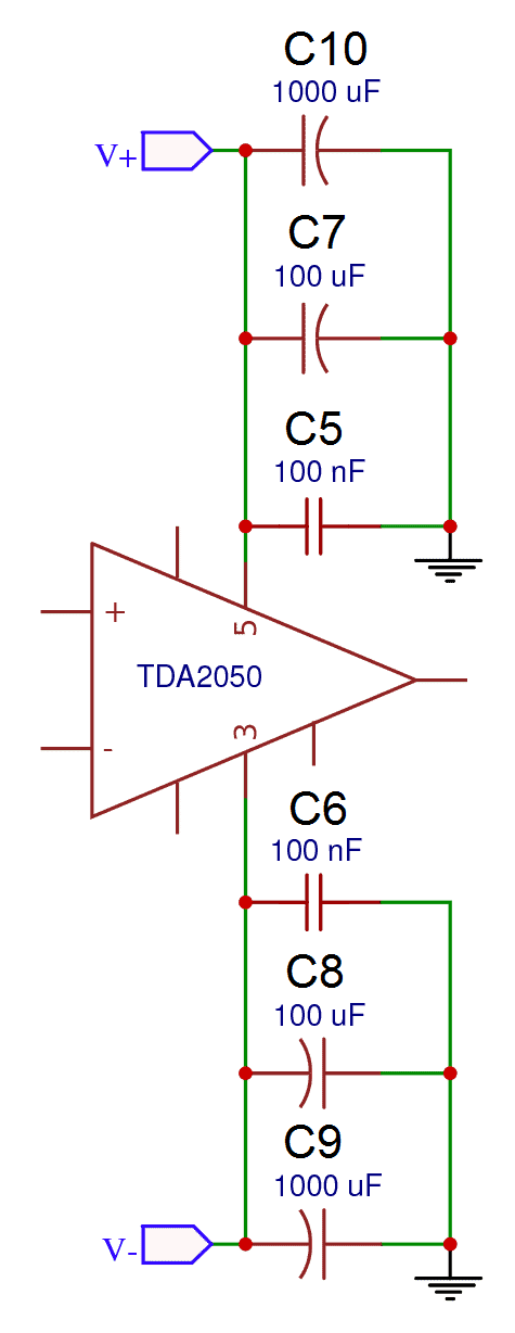 Complete TDA2050 Amplifier Design and Construction - Power Supply Decoupling Capacitors