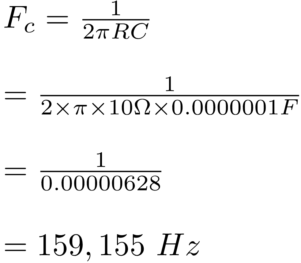 Formula for cutoff frequency of low pass output filter on TDA2003 bridged amplifier solved