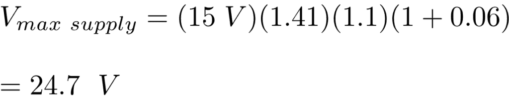 Formula for maximum supply voltage supplied by transformer TDA2050 solved